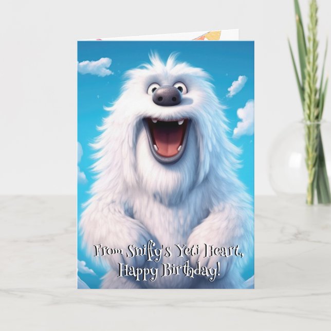 Rolig hund monster: Sniffy the Yeti Birthday Tack Kort (Framsida)