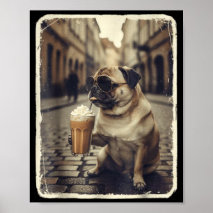 Rolig hund mops som dricker iskaffe djur meme män poster
