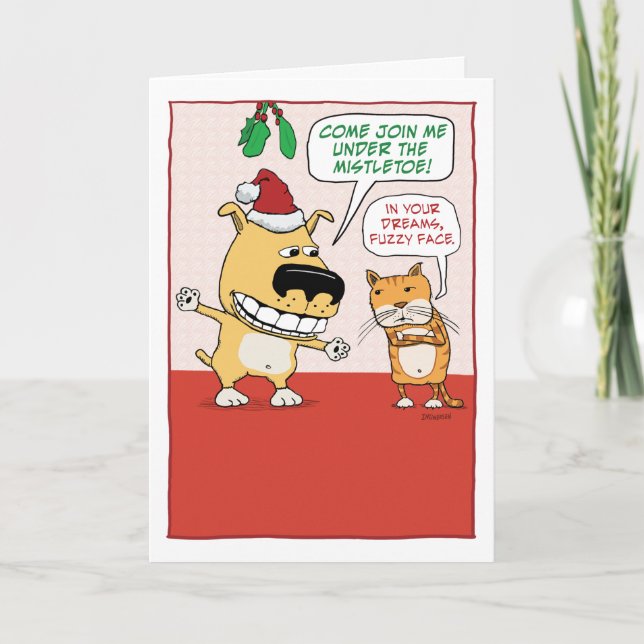 Rolig hund och Kat Mistletoe Jul Helgkort (Framsida)