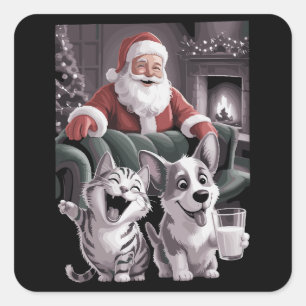 Rolig hund och katt selfie med Santa jul  Fyrkantigt Klistermärke