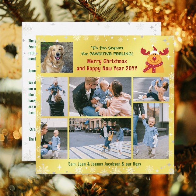 Rolig hund Rudolph God jul Golden 7-foton Julkort (Elegant Golden Cute Funny Pawsitive Vibes Rudolph Pet Dog Merry Christmas Happy New Year 7 Photos)