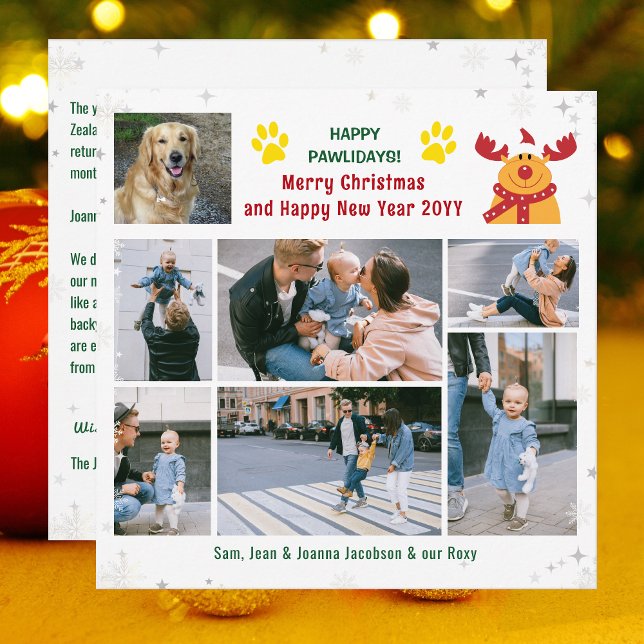 Rolig hund Rudolph Lycklig Pawlidays Foton jul Julkort (Funny Happy Pawlidays Christmas Card. Dog Photo + Rudolph the Reindeer + 6 Family Photos. Snowflakes)