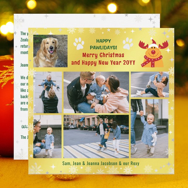Rolig hund Rudolph Lycklig Pawlidays Golden 7 Foto Julkort (Funny Golden Happy Pawlidays Christmas Card. Dog Photo + Rudolph the Reindeer + 6 Family Photos Snow)