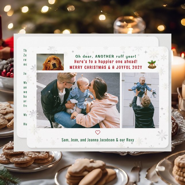 Rolig hund Ruff Year 3 Photos God jul Cute Julkort (Cute Funny Modern Oh Dear Ruff Year Pet Dog Snow Merry Christmas Joyful New Year 3 Photos Letter)