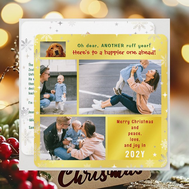 Rolig hund Ruff Year Peace Kärlek Joy 4 Foton Gold Julkort (Elegant Golden Cute Funny Dog Oh Dear Ruff Year Merry Christmas 4 Photos Peace Love Joy Xmas Letter)