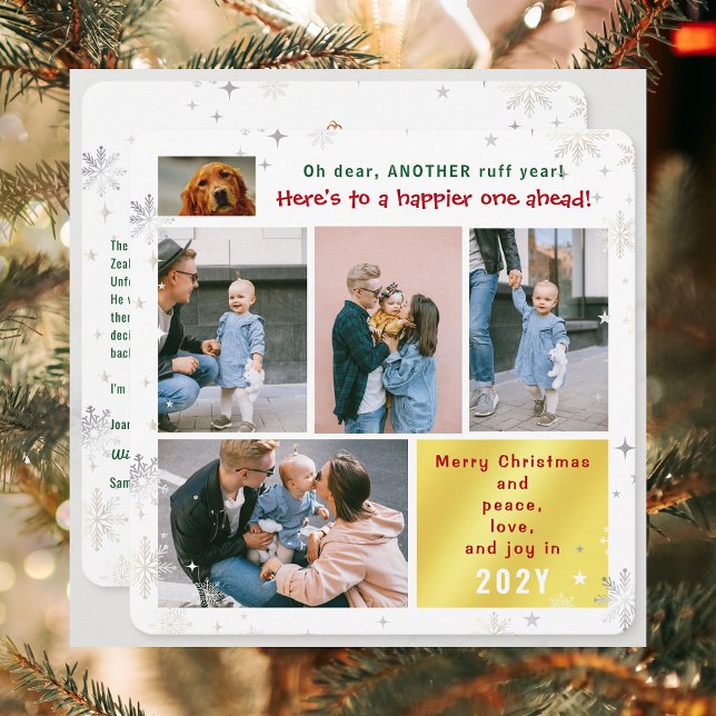 Rolig hund Ruff Year Peace Kärlek Joy Cute 5-foton Julkort (Cute Funny Dog Oh Dear Ruff Year Merry Christmas 5 Photos Peace Love Joy Elegant Xmas Tree Letter)