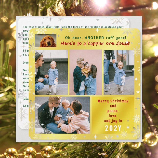 Rolig hund Ruff Year Peace Kärlek Joy Golden 5 Fot Julkort (Funny Dog Oh Dear Another Ruff Year 5 Photos Merry Christmas Peace Love Joy Cute Snow Elegant Golden)