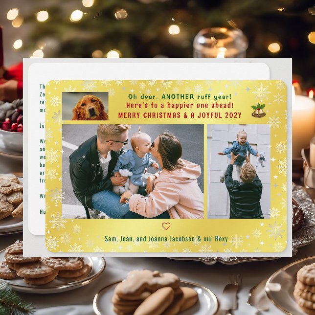 Rolig hund Ruff Year Photos God jul Golden Julkort (Cute Funny Modern Oh Dear Ruff Year Dog Snow Merry Christmas Joyful New Year 3 Photos Letter Golden)