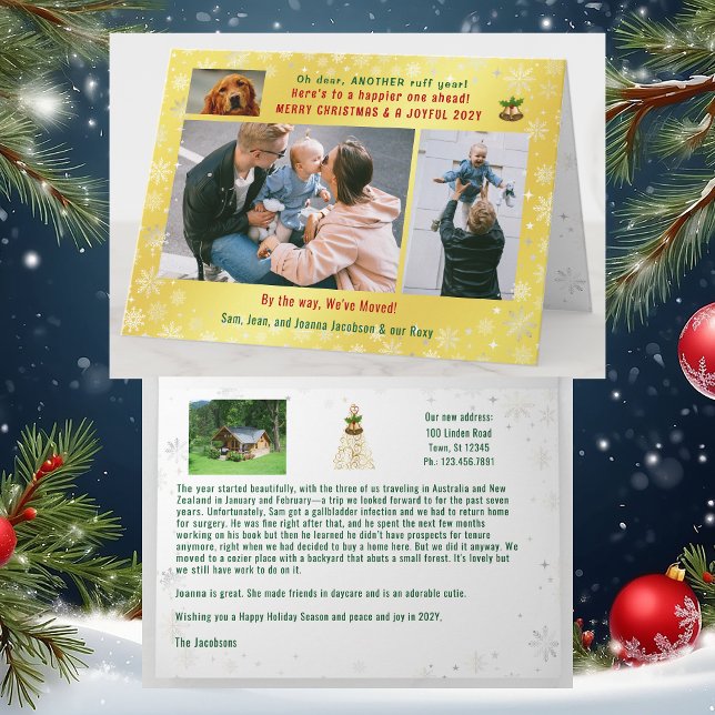 Rolig hund Ruff Year Vi har flyttat 4 Foton Golden Kort (Funny Dog Oh Dear, Another Ruff Year. We've Moved Xmas Card. 4 Photos. Elegant, golden. Snowflakes)