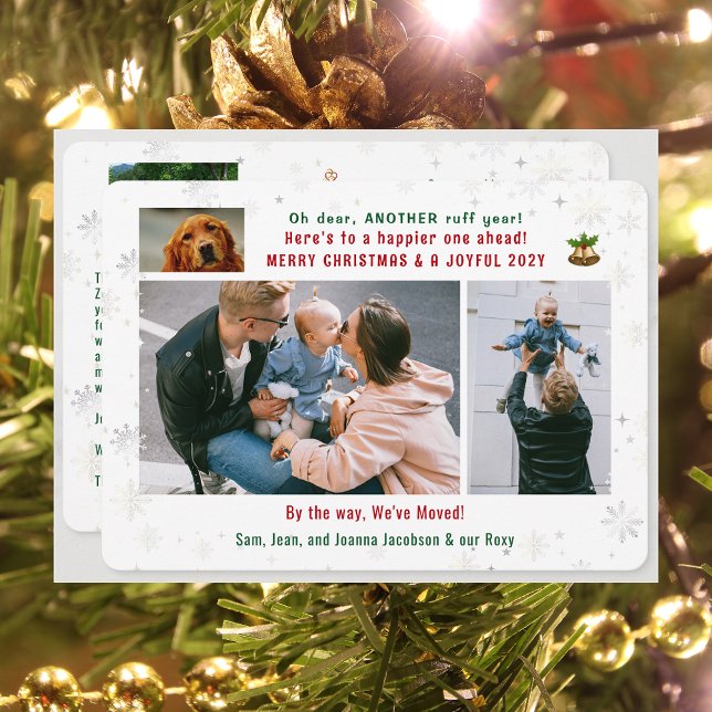 Rolig hund Ruff Year Vi har flyttat 4 Photos Colla Julkort (Funny Pet Dog Ruff Year Christmas New Year Card We've Moved 5 Photos Elegant Cute Modern Snowflakes)