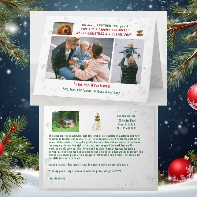 Rolig hund Ruff Year Vi har flyttat 4 Photos Colla Kort (Funny Dog Oh Dear, Another Ruff Year. We've Moved Xmas Card. 4 Photos. Elegant, golden. Snowflakes)