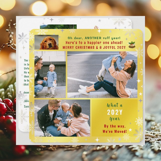 Rolig hund Ruff Year Vi har flyttat 5 Photos Golde Julkort (Funny Pet Dog Ruff Year Christmas New Year Card We've Moved 5 Photos Elegant Golden Cute Modern)