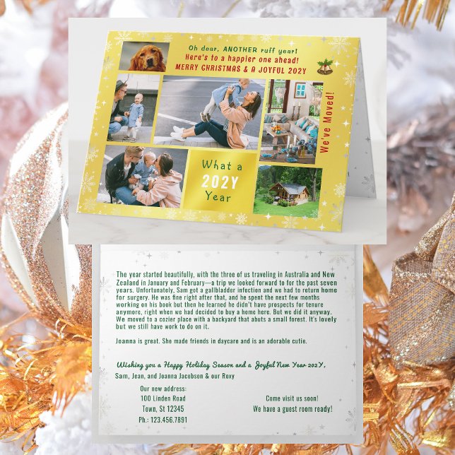 Rolig hund Ruff Year Vi har flyttat 6 Foton Golden Kort (Funny dog Ruff year Christmas card. 6 Photos. Peace, love, joy. We've Moved. Elegant, golden. Snow)
