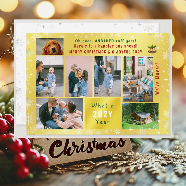 Rolig hund Ruff Year Vi har flyttat 7 Foton Golden Julkort (Funny Pet Dog Ruff Year Christmas New Year Card We've Moved 7 Photos Elegant Golden Cute Modern)