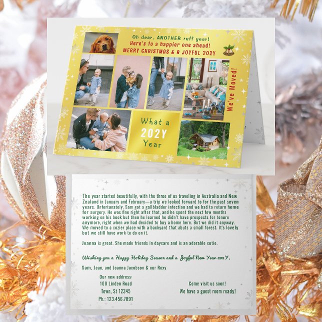 Rolig hund Ruff Year Vi har flyttat 7 Foton Golden Kort (Funny dog Ruff year Christmas card. 7 Photos. Peace, love, joy. We've Moved. Elegant, golden. Snow)