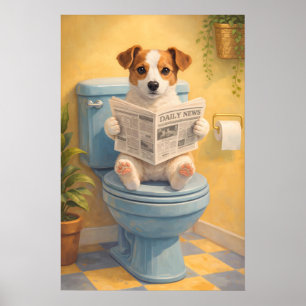 Rolig hund som läser toalett affisch, humoristisk poster