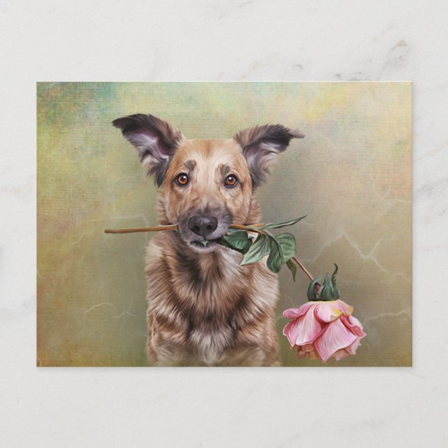 Rolig hund teckning som håller en blomma i munnen vykort (Framsida)