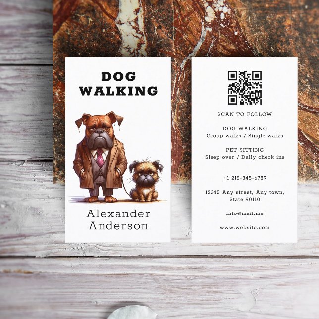 Rolig hund Walker Walking Pet Sitta QR-kod Visitkort (Funny Dog Walker Walking Pet Sitting QR Code Business Card)