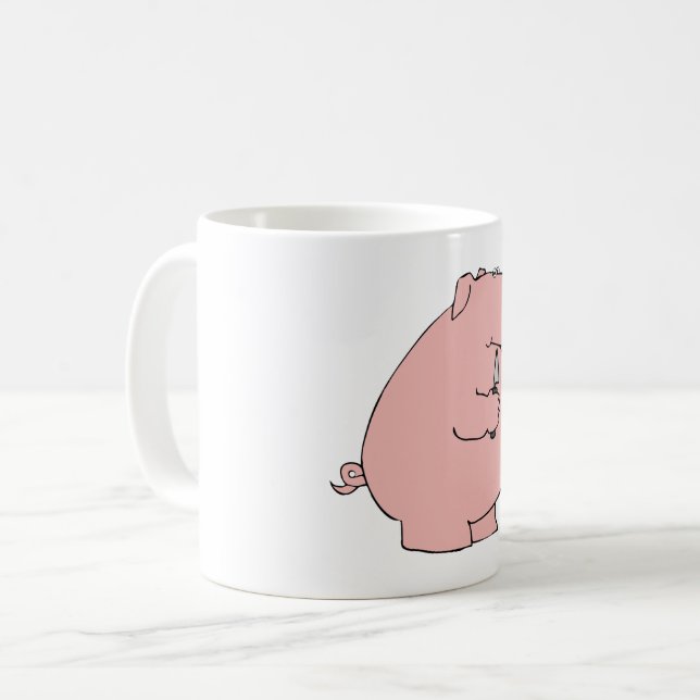 Rolig hungrig gris som håller gaffel och kniv kaffemugg (Framsida vänster)
