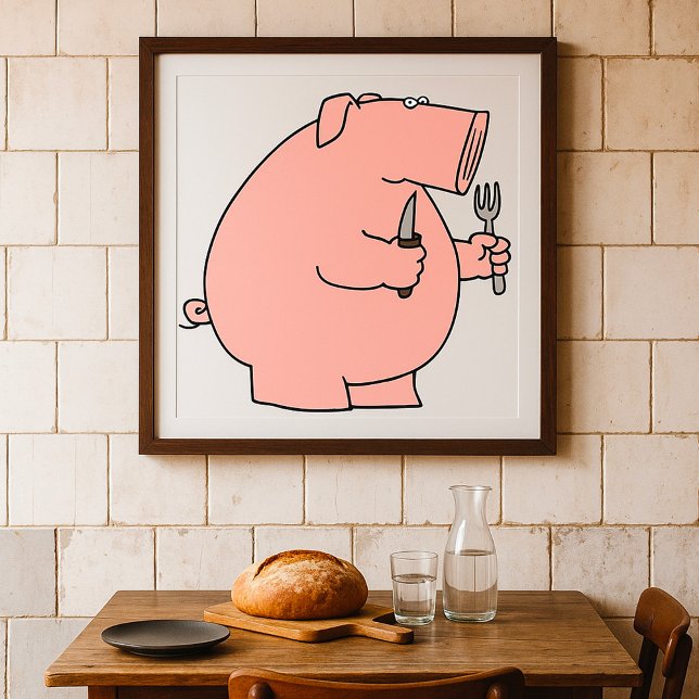 Rolig Hungrig Gris som Håller Gaffel och Kniv Poster (Skapare uppladdad)