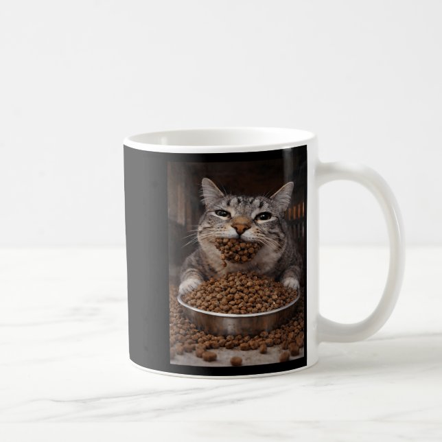 Rolig hungrig katt meme innan kattlådan kaos kaffemugg (Höger)