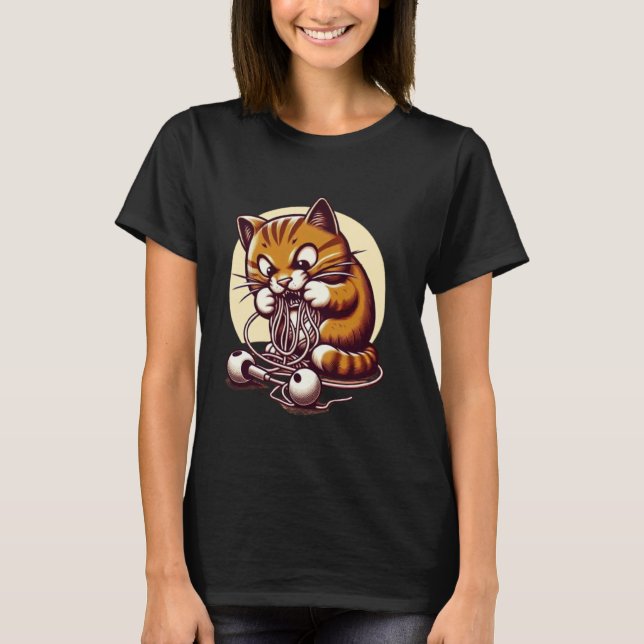 Rolig Husdjur Katt åt hörlurar T Shirt (Framsida)