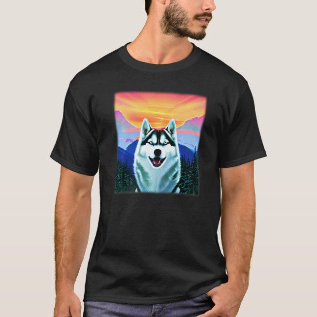 Rolig Husky-design hundavtryck konst ansikte med S T Shirt (Framsida)