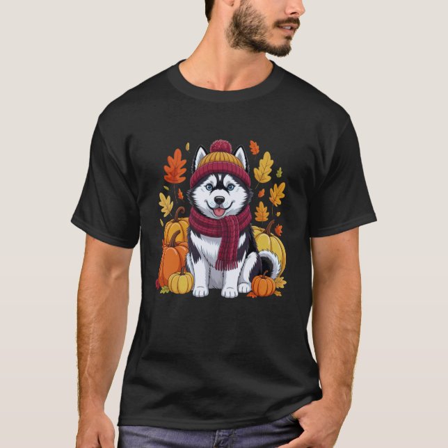 Rolig Husky Hund Thanksgiving Höst Pumpa Löv T Shirt (Framsida)