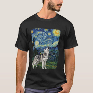 Rolig Husky Hund Ylar Mot Måne Stjärnklar Natt Van T Shirt