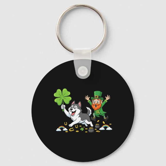 Rolig Husky Klöver St Patricks Day Kvinnor Män Nyckelring (Framsida)