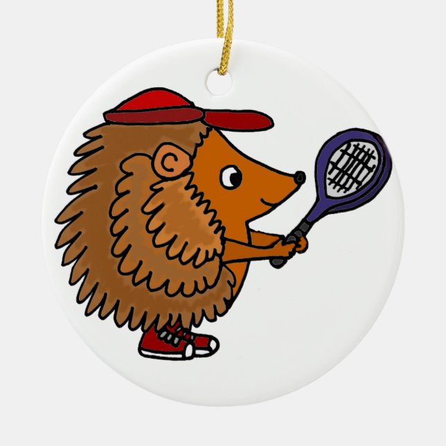 Rolig igelkott med blåtttennisracket julgransprydnad keramik (Framsidan)