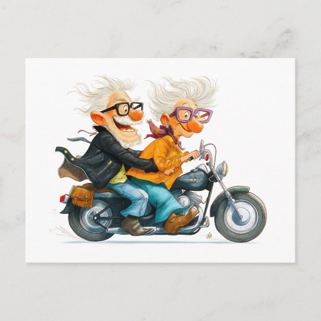 Rolig illustration av äldre som kör motorcykel helg vykort (Framsida)