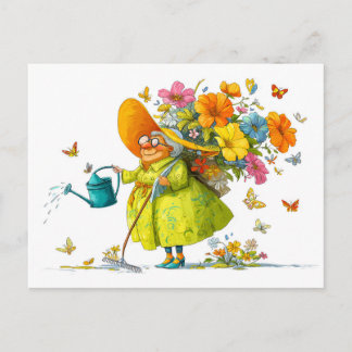 Rolig illustration av mormor som odlar blommor helg vykort