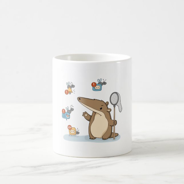 Rolig illustration av myrslok som jagar notiser kaffemugg (Center)