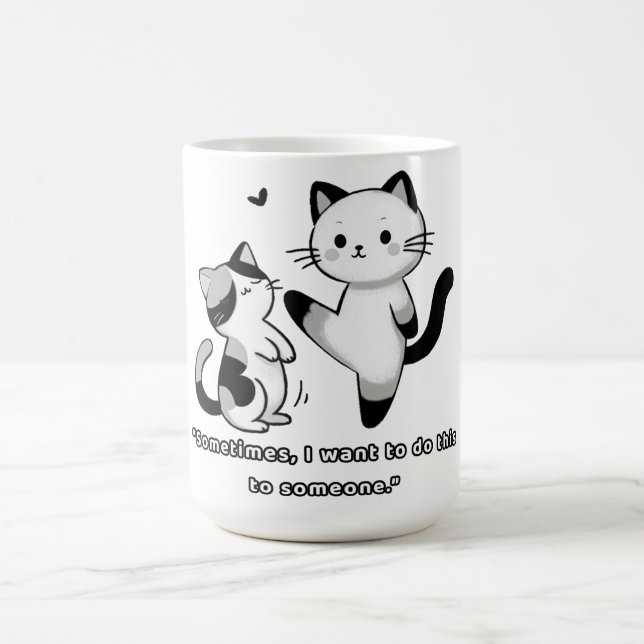 Rolig illustration av siamesisk katt som sparkar kaffemugg (Center)