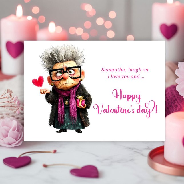Rolig Ilsken Gammal Dam Stämning Alla Hjärtans Dag Julkort (Funny Angry Old Lady Mood Valentine’s Day Card)
