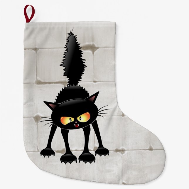 Rolig Ilsken Svart Katt Tecknad  Stor Julstrumpa (Framsidan)