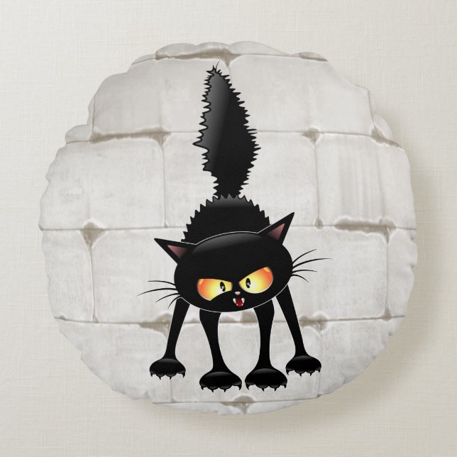 Rolig ilsken svart kattserie  rund kudde (Framsidan)