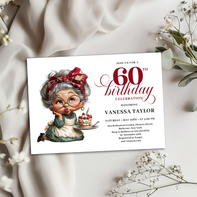 Rolig inbjudan till 60-årsfest Knäpp gammal dam (Funny 60th Birthday Invitation Quirky Old Lady Party)