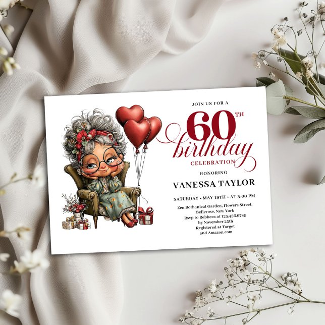 Rolig inbjudan till 60-årsfirande tema gammal kvin (Funny 60th Birthday Invitation Old Woman Theme)