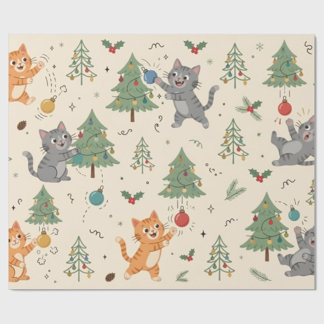Rolig inslagspapper med katt vs julgran presentpapper (Platt)