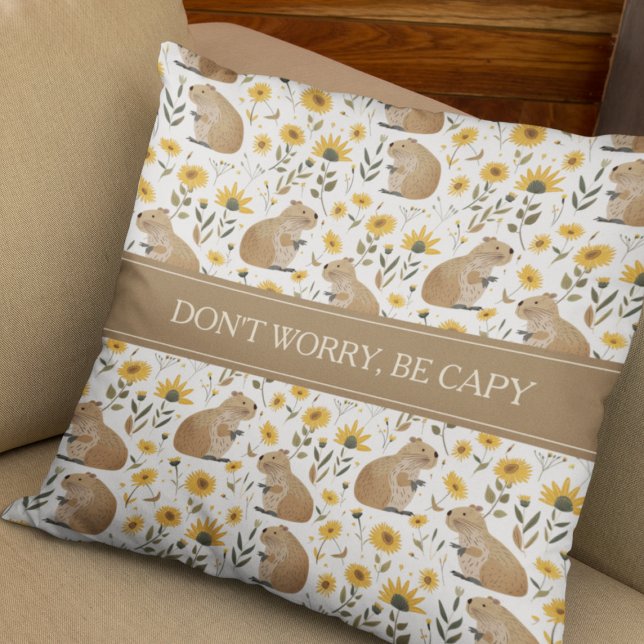 Rolig Inspirerande Kapybara Kudde (cute funny inspirational capybara floral pillow with sunflower pattern, don't worry be happy)