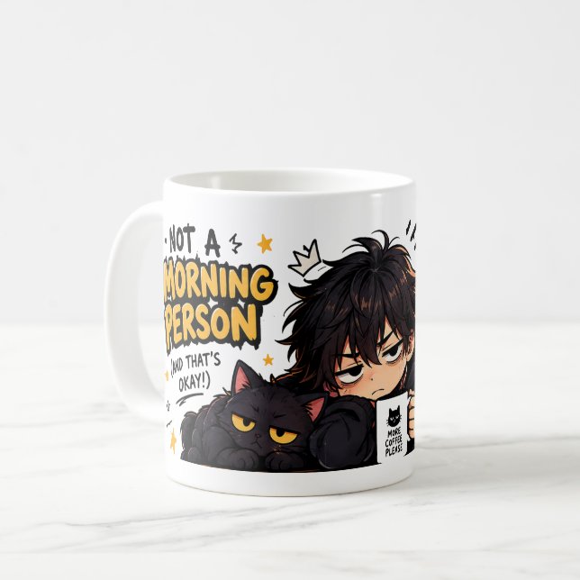 Rolig Inte Morgonmänniska Kaffe Chibi Katt Kaffemugg (Framsida vänster)