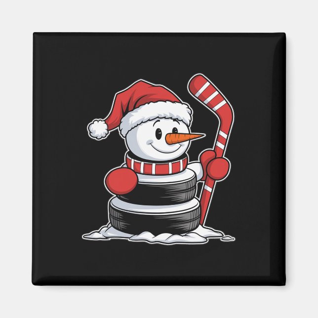 Rolig ishockey snöman jultomte hatt julklappar magnet (Framsidan)