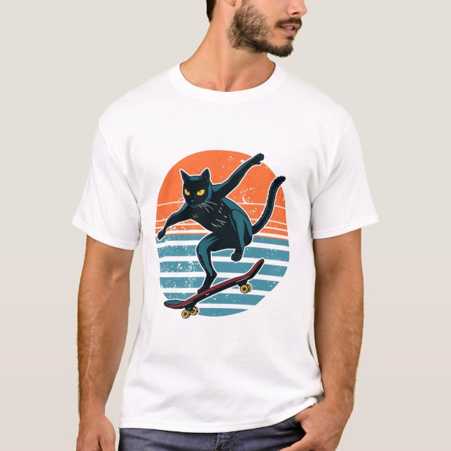 Rolig ishockeyspelande katt som åker skateboard Re T Shirt (Framsida)