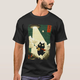 Rolig Japansk Katt Bortförande Alien UFO Gitarr Uk T Shirt
