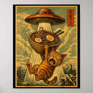 Rolig Japansk Katt Ramen Ufo Anime Män Kvinnor Ton Poster