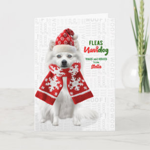 Rolig japansk spets hund Loppor Navidog med namn Helgkort