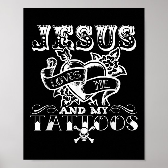 Rolig Jesus Älskar Mig Och Mina Tatueringar  Poster (Framsidan)