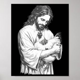 Rolig Jesus hållande kyckling kristen gård djur Poster
